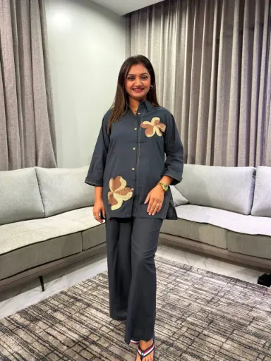 [2760] Charcoal Grey Floral Applique Pure Cotton Shirt & Palazzo Co-Ord Set
