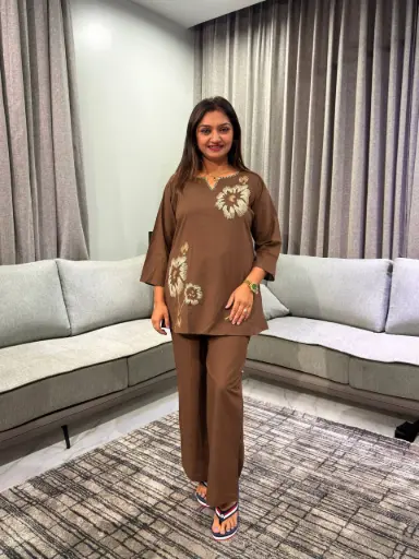 [2762] Espresso Brown Floral Embroidered Pure Cotton Co-Ord Set