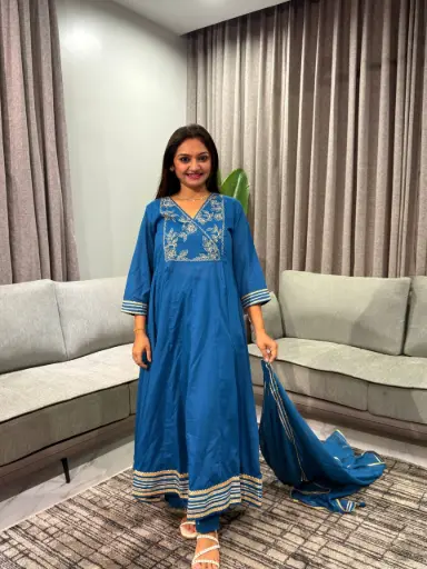 [2764] Teal Blue Embroidered Flared Anarkali Cotton Kurta Set