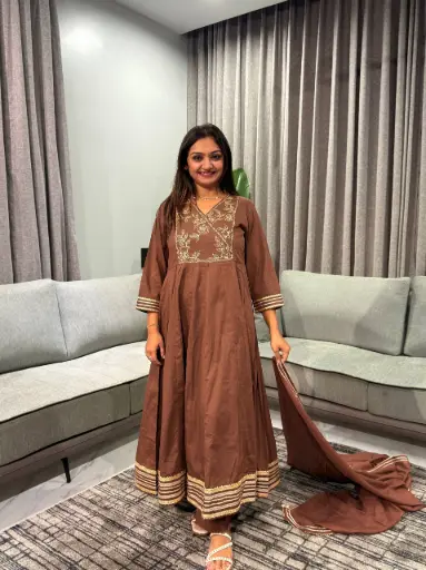 [2765] Chocolate Brown Embroidered Flared Anarkali Cotton Kurta Set
