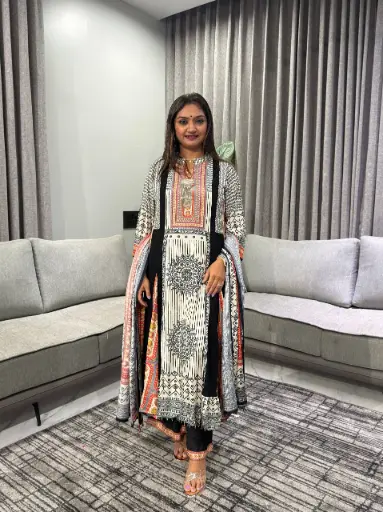 [2766] Off-White & Black Heritage Print Natural Crepe Anarkali Set