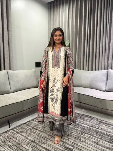 [2767] Off-White & Crimson Red Ajrakh Print Natural Crepe Anarkali Set