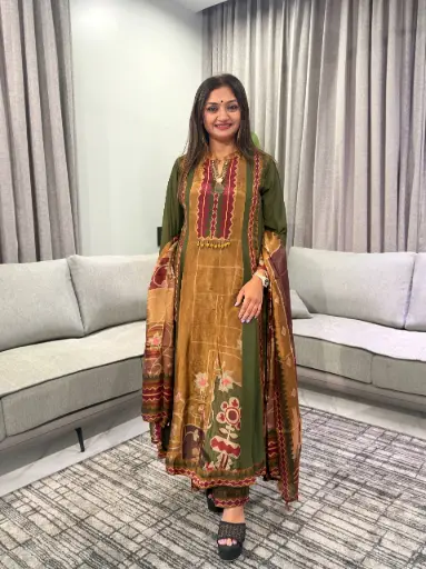[2768] Olive Green & Ochre Heritage Print Natural Crepe Anarkali Set