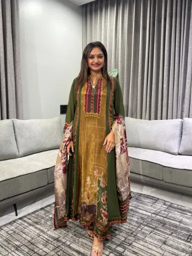 [2768] Olive Green & Ochre Heritage Print Natural Crepe Anarkali Set
