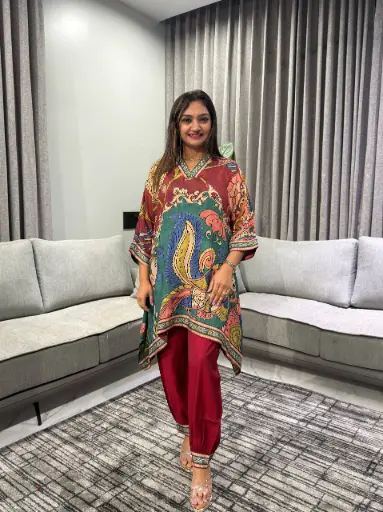 [2769] Rust Red Kalamkari Peacock Print Natural Crepe Kurta Set