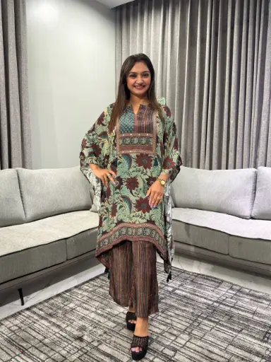 [2770] Teal Green Floral Printed Natural Crepe Kaftan Co-Ord Set