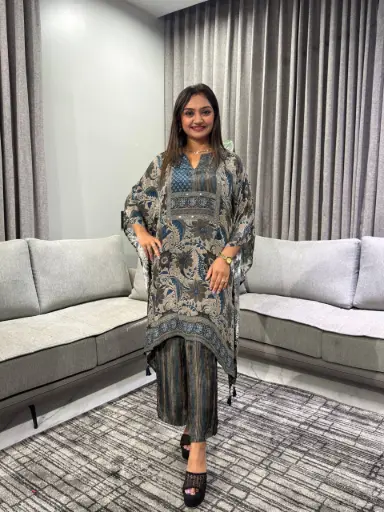 [2771] Indigo Blue Floral Printed Natural Crepe Kaftan Co-Ord Set