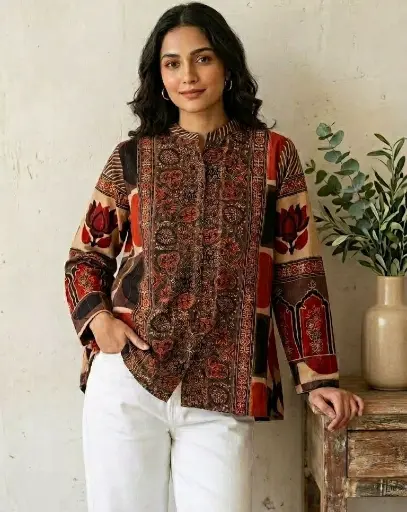 [2772] Rust & Beige Kalamkari Print Pure Cotton Shirt