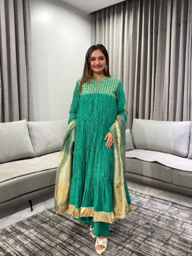 [2780] Emerald Zari Chanderi Anarkali Set