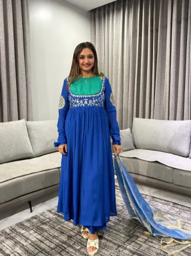 [2781] Royal Blue & Emerald Green Embroidered Mull Chanderi Anarkali Set