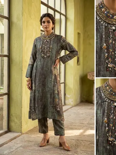 [2782] Olive Charcoal Handwork Kurta Set