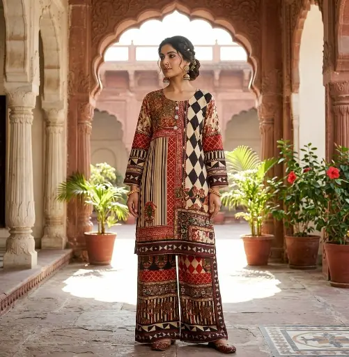 [2784] Rust Red & Cream Geometric Patchwork Natural Crepe Co-Ord Set