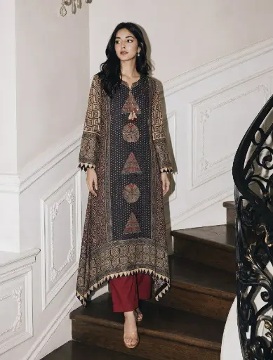 [2786] Charcoal & Maroon Ajrakh Printed Viscose Muslin Kurta Set