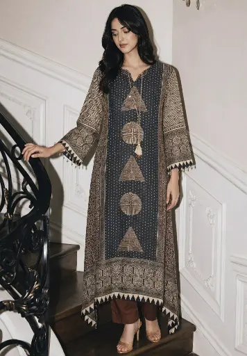 [2787] Charcoal & Chocolate Brown Ajrakh Printed Viscose Muslin Kurta Set