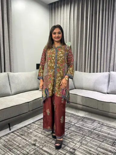 [2788] Olive Green & Maroon Floral Kalamkari Natural Crepe Co-Ord Set