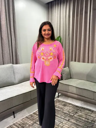 [2797] Candy Pink Floral Embroidered Waffle Knit Cotton Top
