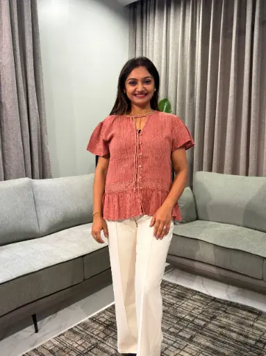 [2799] Terracotta Peach Textured Linen Cotton Lace Peplum Top