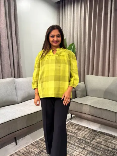 [2801] Olive Green Buffalo Check Soft Cotton Peasant Top