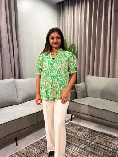 [2802] Emerald Green Abstract Floral Printed Imported Linen Top