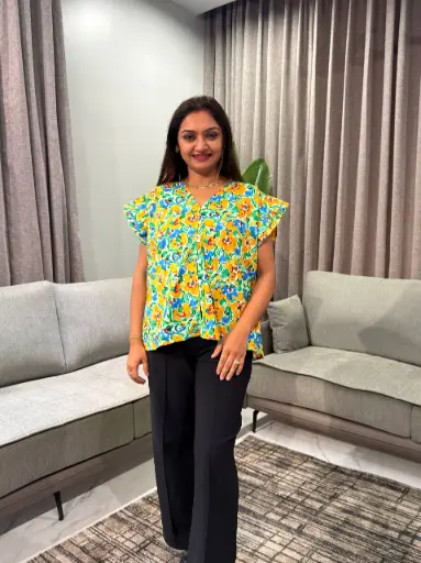 [2803] Vibrant Yellow & Blue Watercolor Floral Pure Cotton Top