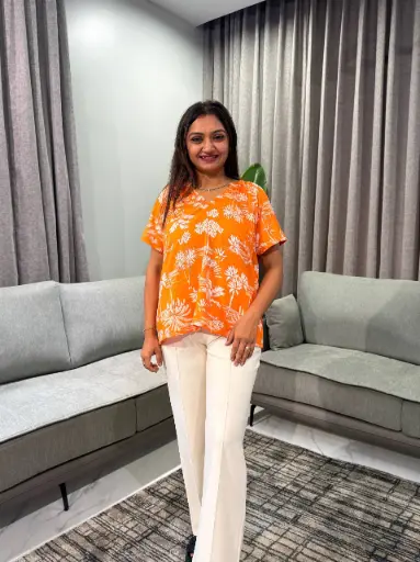 [2805] Bright Orange Tropical Palm Print Imported Rayon Top