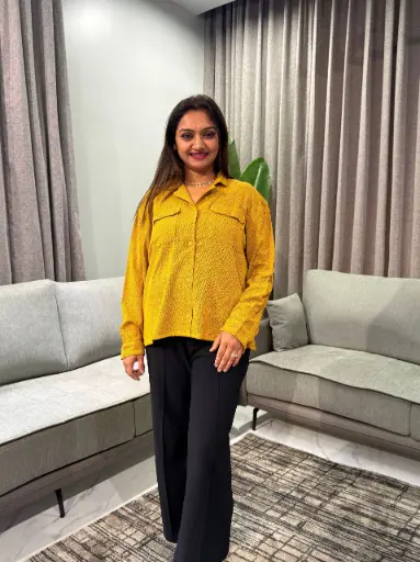 [2809] Mustard Yellow Eyelet Embroidered Soft Denim Shirt Top