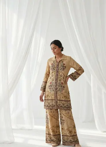 [2812] Beige Kalamkari Floral Natural Crepe Co-Ord Set with Cowrie Shell Accents