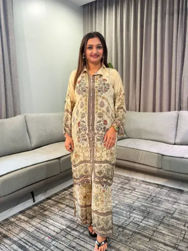 [2812] Beige Kalamkari Floral Natural Crepe Co-Ord Set with Cowrie Shell Accents