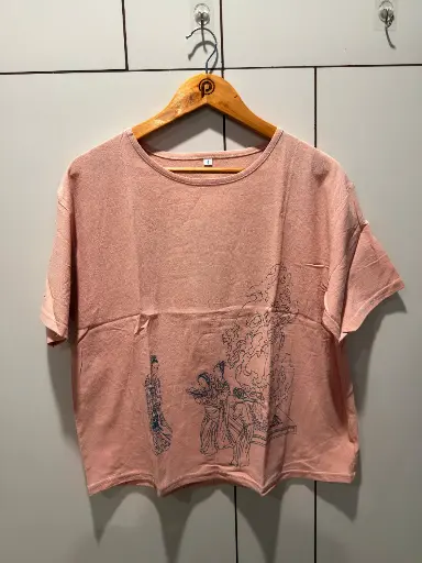 [2815] Blush Pink Oriental Sketch Printed Imported Linen Top