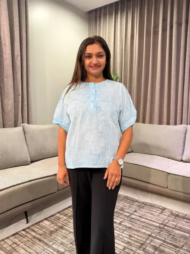 [2820] Sky Blue Floral Threadwork Free Size Linen Top