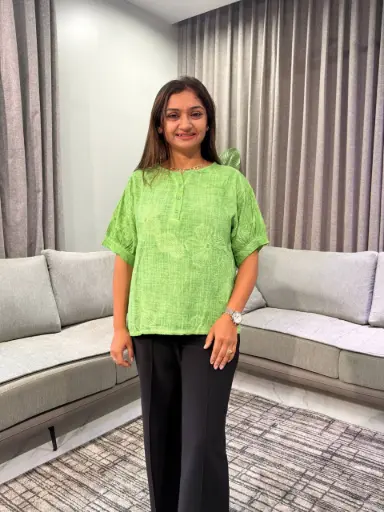 [2821] Parrot Green Floral Threadwork Free Size Linen Top