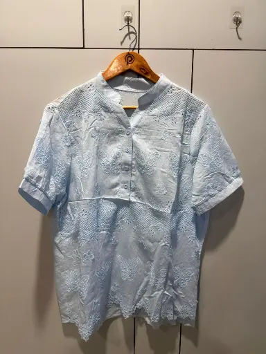 [2825] Powder Blue Butterfly Schiffli Embroidered Free Size Long Linen Top