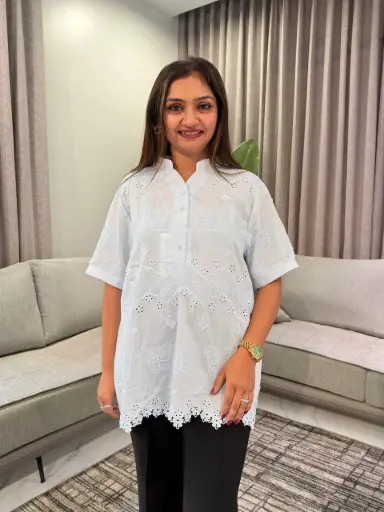 [2825] Powder Blue Butterfly Schiffli Embroidered Free Size Long Linen Top