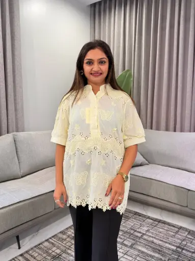 [2827] Pastel Yellow Butterfly Schiffli Embroidered Free Size Long Linen Top