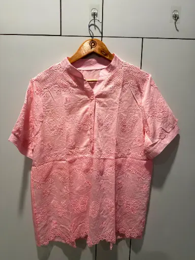 [2828] Baby Pink Butterfly Schiffli Embroidered Free Size Long Linen Top
