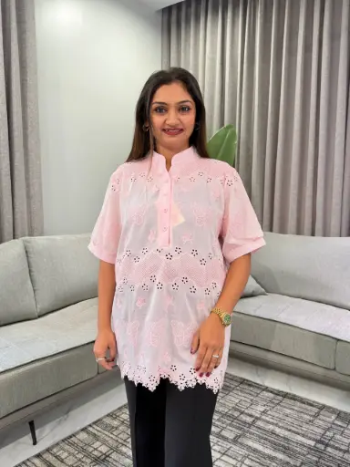 [2828] Baby Pink Butterfly Schiffli Embroidered Free Size Long Linen Top