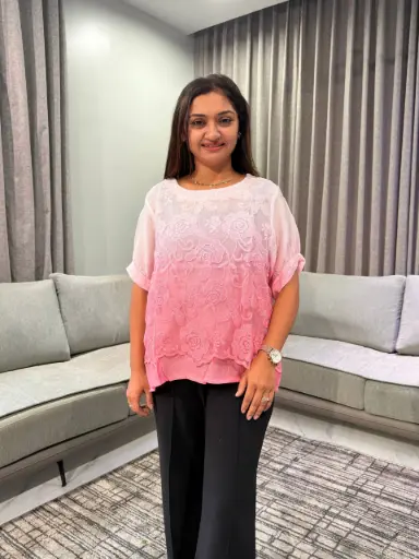 [2831] Ombre Pink Floral Embroidered Free Size Linen Top