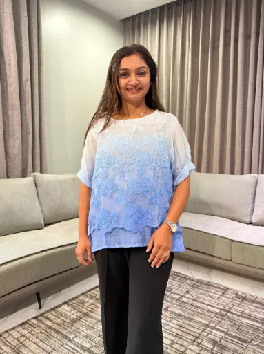 [2833] Ombre Sky Blue Floral Embroidered Free Size Linen Top