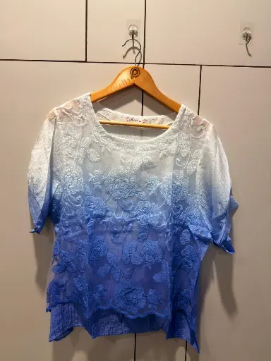 [2833] Ombre Sky Blue Floral Embroidered Free Size Linen Top