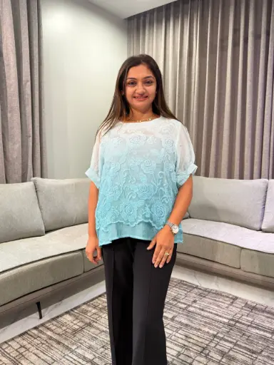 [2834] Ombre Aqua Blue Floral Embroidered Free Size Linen Top