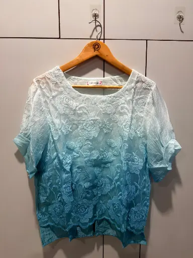 [2834] Ombre Aqua Blue Floral Embroidered Free Size Linen Top