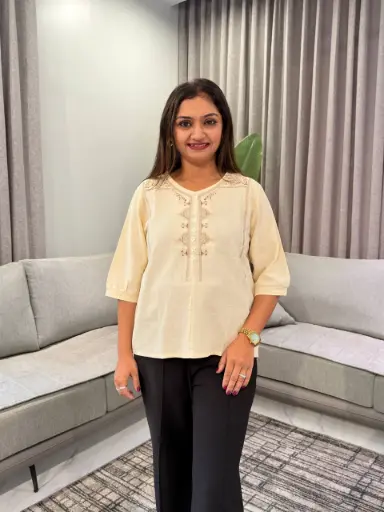 [2835] Beige Embroidered Yoke Imported Linen Top