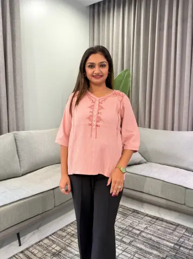 [2837] Terracotta Pink Embroidered Yoke Imported Linen Top