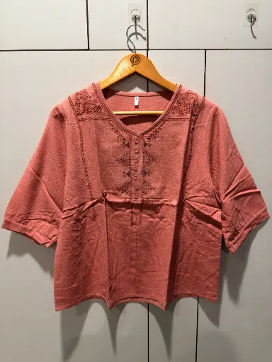 [2837] Terracotta Pink Embroidered Yoke Imported Linen Top