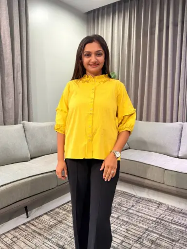 [2839] Mustard Yellow Ruffle Collar Embroidered Free Size Linen Shirt Top