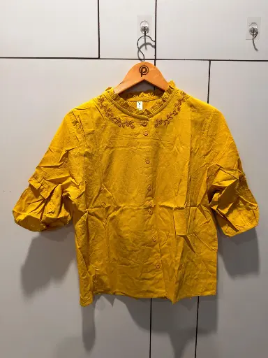 [2839] Mustard Yellow Ruffle Collar Embroidered Free Size Linen Shirt Top