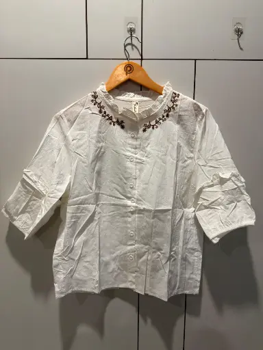 [2840] Off-White Ruffle Collar Embroidered Free Size Linen Shirt Top