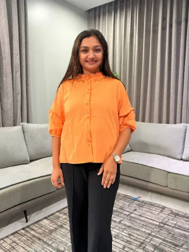 [2841] Vibrant Orange Ruffle Collar Embroidered Free Size Linen Shirt Top