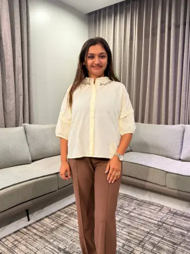 [2842] Pastel Yellow Ruffle Collar Embroidered Free Size Linen Shirt Top
