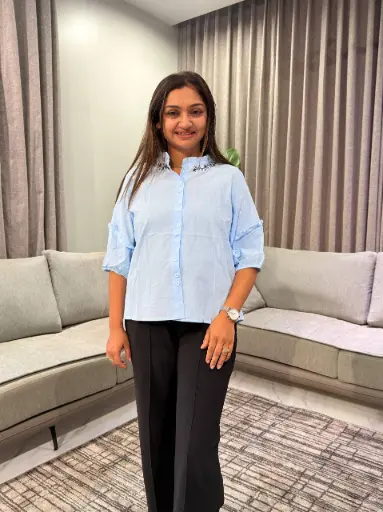 [2843] Sky Blue Ruffle Collar Embroidered Free Size Linen Shirt Top